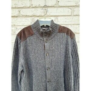 J. McLaughlin men's lambswool sweater cardigan leather elbow patches Large